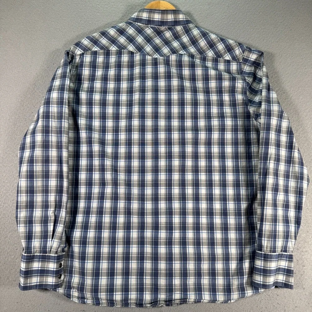 Banana Republic Pearl Snap Shirt‎ Mens Large Blue Plaid Flap Pockets Comfort